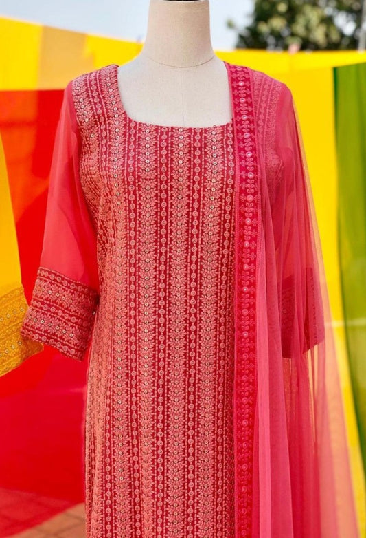 Pink georgette embroidered sequence work plazzo suit