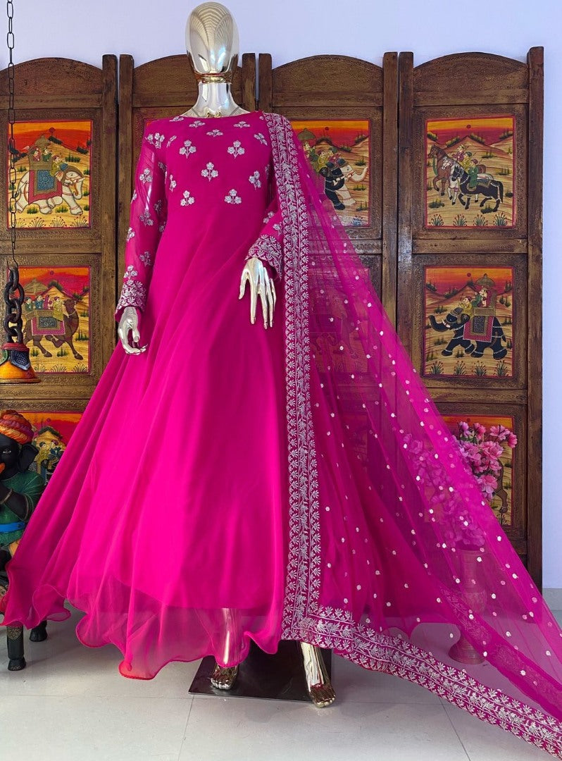 Pink georgette embroidered umbrella flair gown