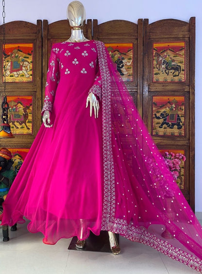 Pink georgette embroidered umbrella flair gown