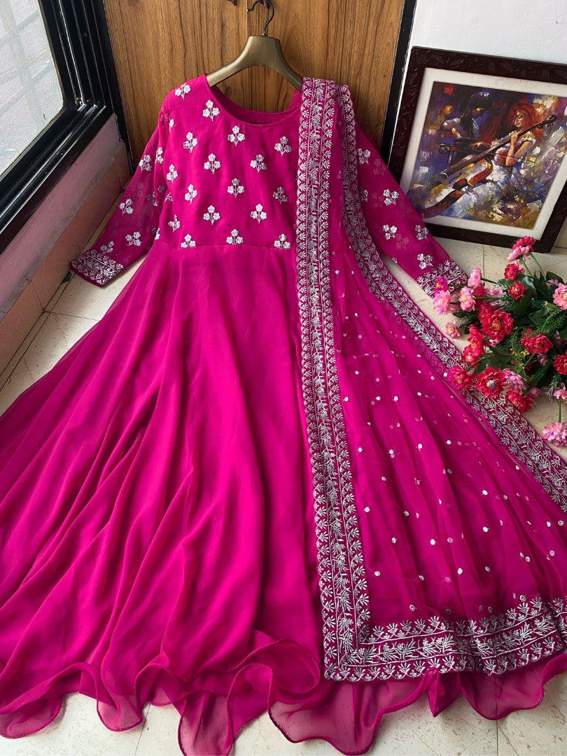 Pink georgette embroidered umbrella flair gown