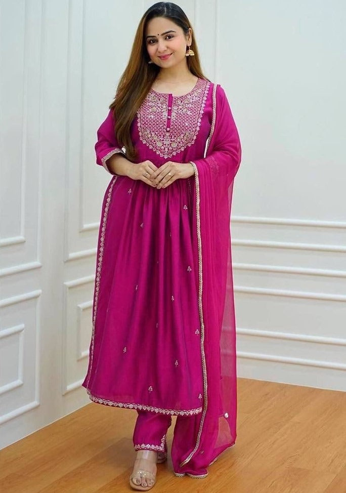 Pink georgette embroidery work naira cut palazzo suit