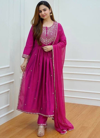 Pink georgette embroidery work naira cut palazzo suit
