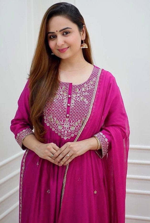 Pink georgette embroidery work naira cut palazzo suit