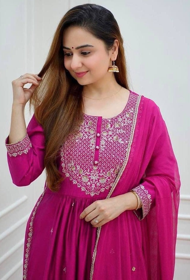 Pink georgette embroidery work naira cut palazzo suit