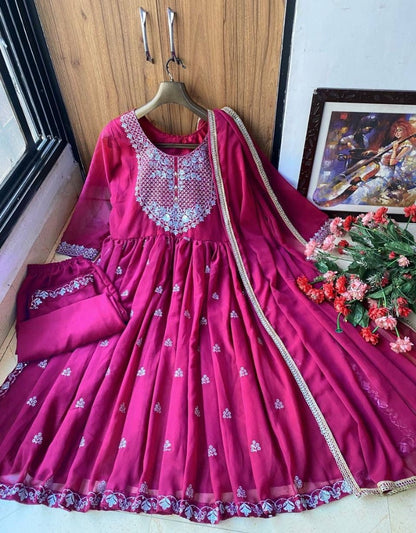 Pink georgette embroidery work naira cut palazzo suit