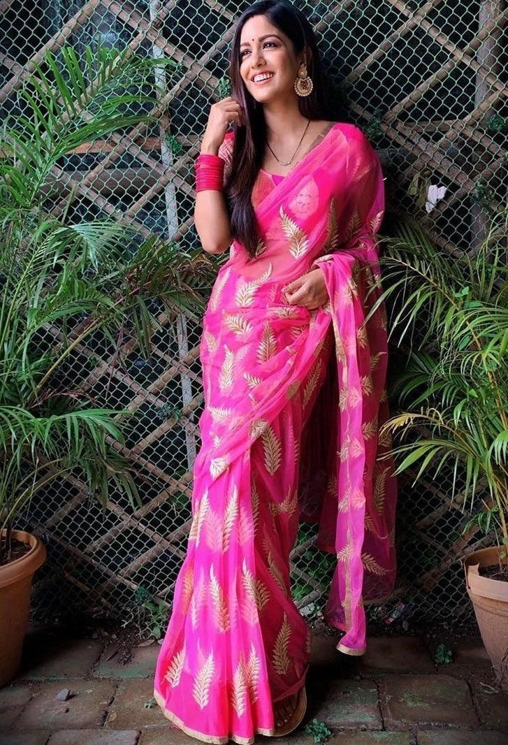 Pink georgette embroidery work saree