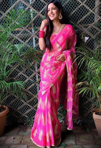 Pink georgette embroidery work saree