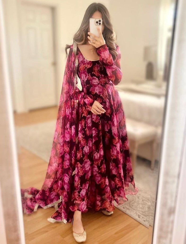 Pink georgette floral printed long anarkali suit