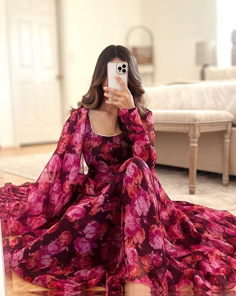 Pink georgette floral printed long anarkali suit