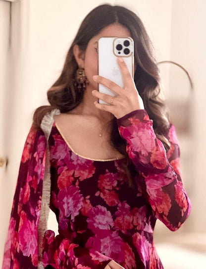 Pink georgette floral printed long anarkali suit