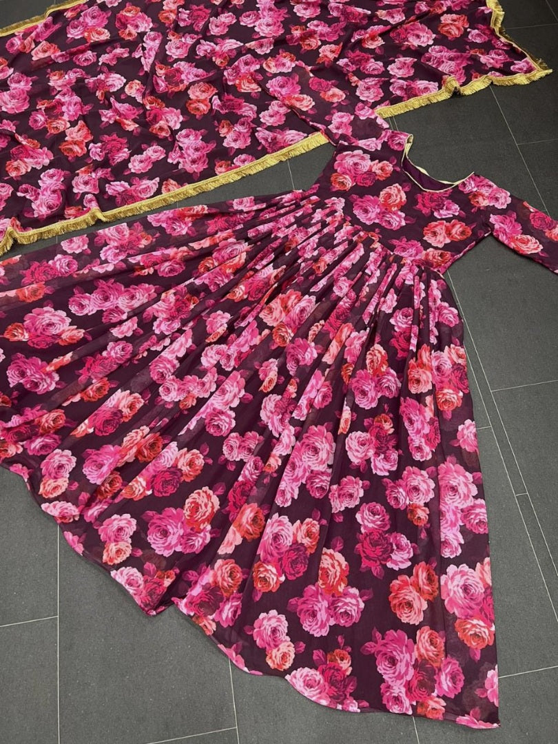 Pink georgette floral printed long anarkali suit