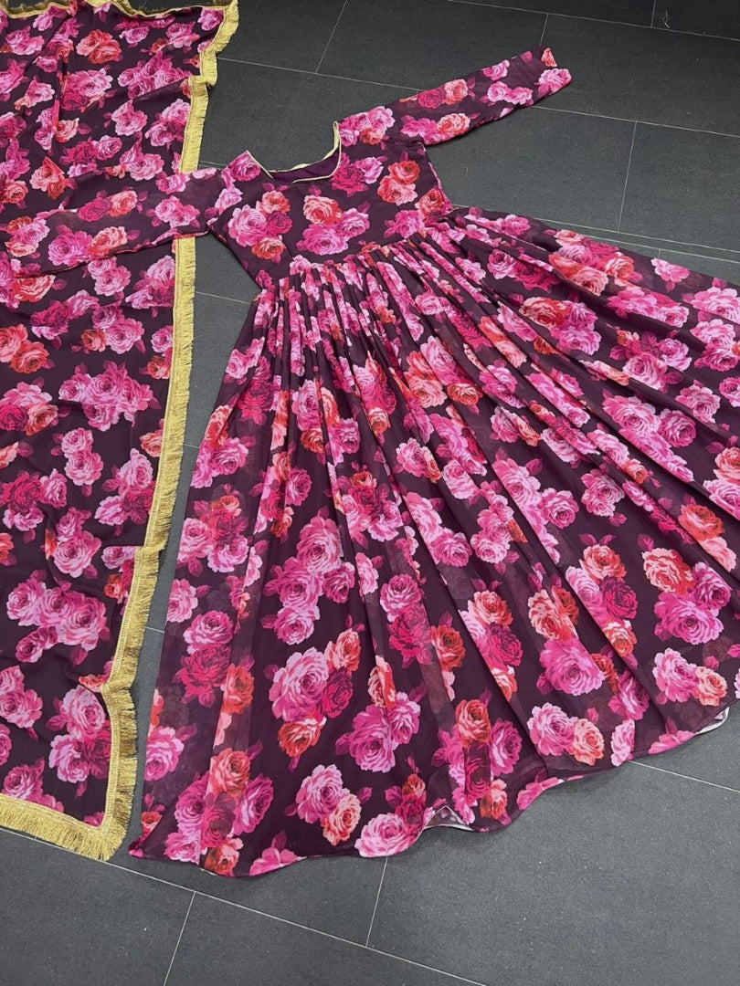 Pink georgette floral printed long anarkali suit