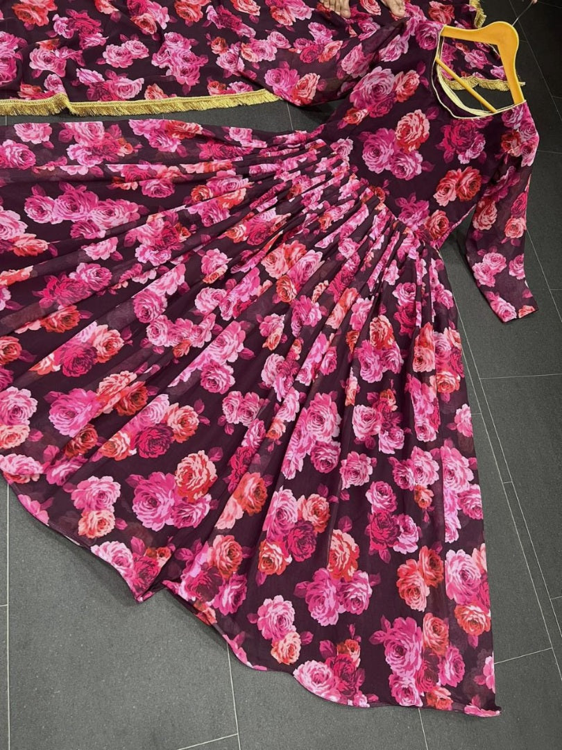 Pink georgette floral printed long anarkali suit