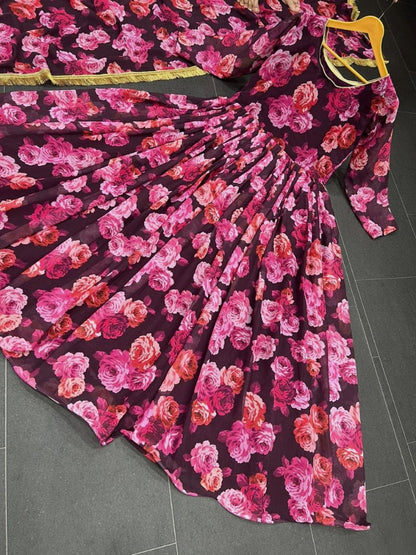 Pink georgette floral printed long anarkali suit
