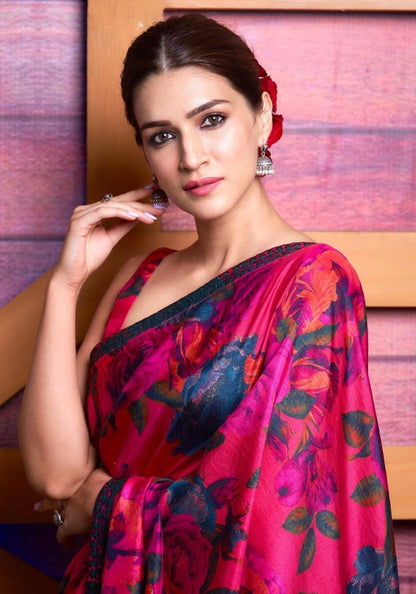 Pink georgette flower print with embroidered border saree