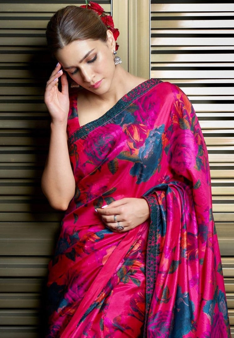 Pink georgette flower print with embroidered border saree