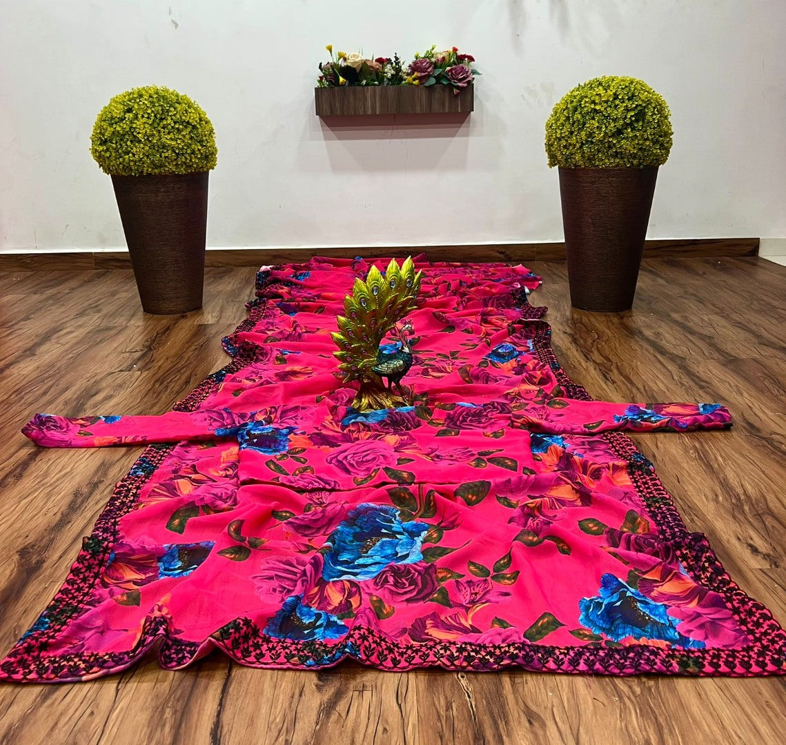 Pink georgette flower print with embroidered border saree