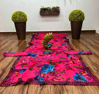 Pink georgette flower print with embroidered border saree