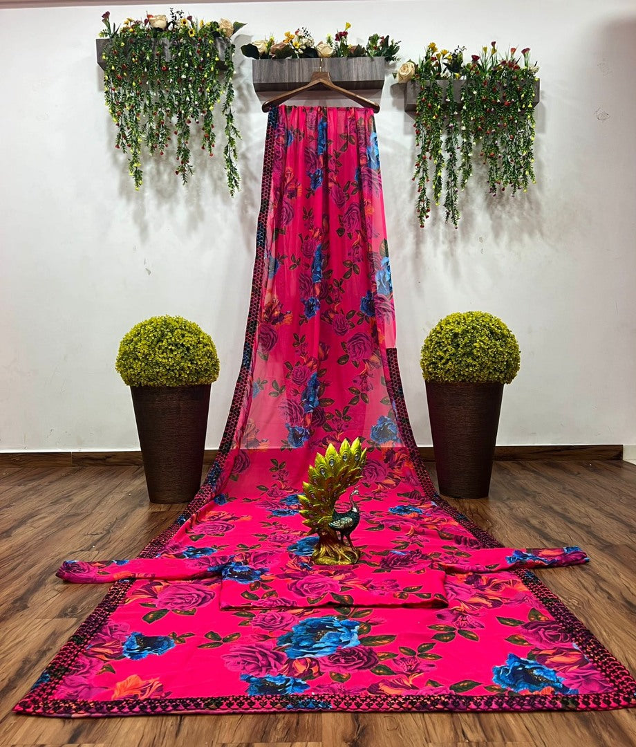 Pink georgette flower print with embroidered border saree