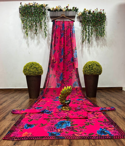 Pink georgette flower print with embroidered border saree