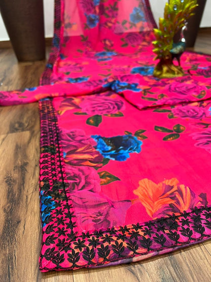Pink georgette flower print with embroidered border saree