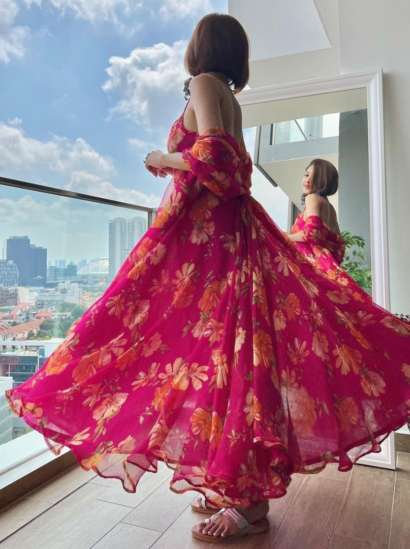 Pink georgette flower printed anarkali suit