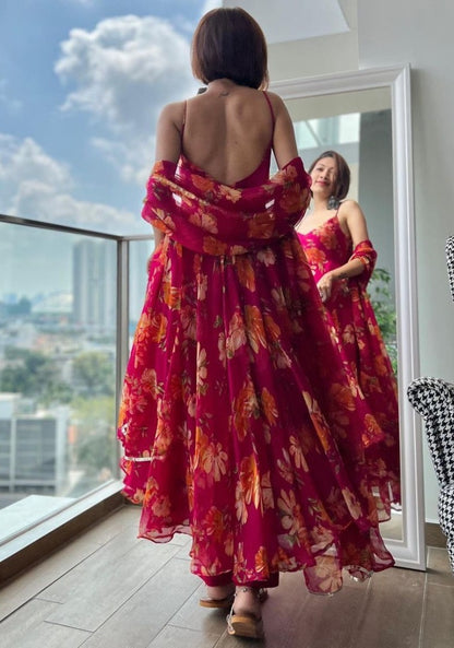 Pink georgette flower printed anarkali suit