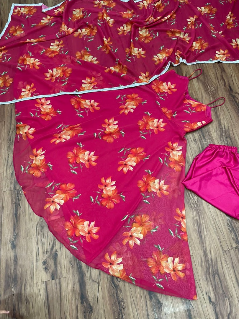 Pink georgette flower printed anarkali suit