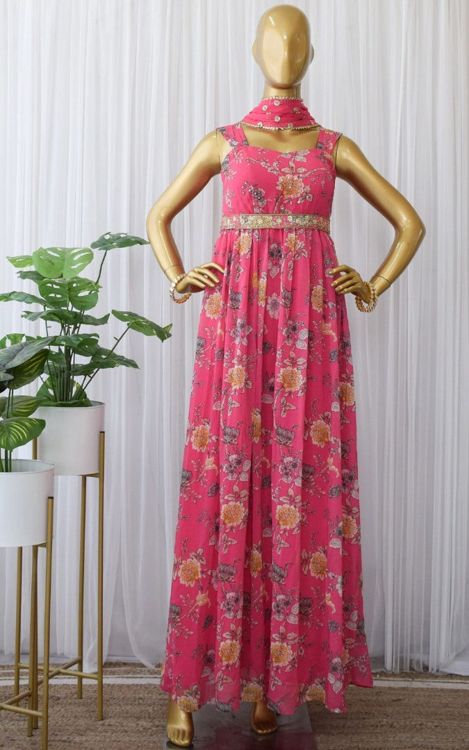 Pink georgette flower printed and sequence work gown