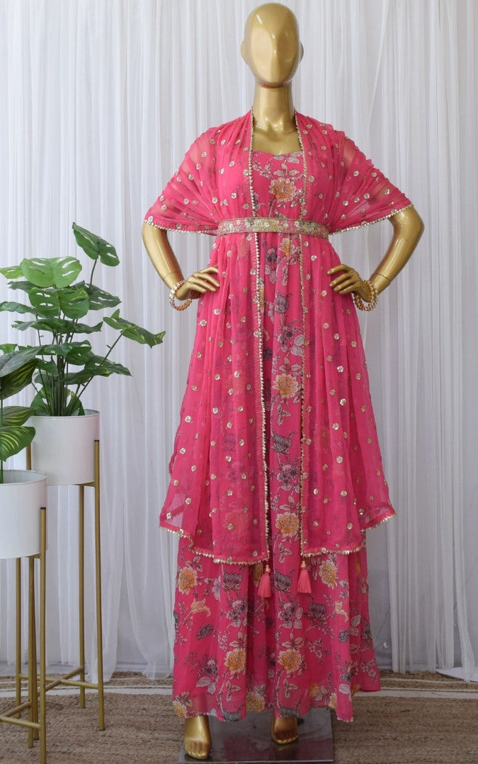 Pink georgette flower printed and sequence work gown