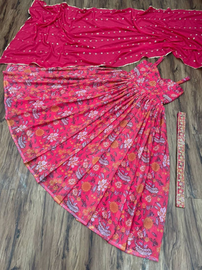 Pink georgette flower printed and sequence work gown