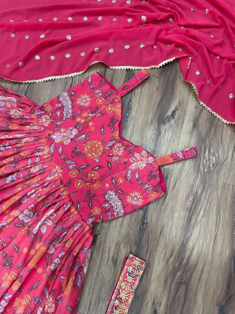 Pink georgette flower printed and sequence work gown
