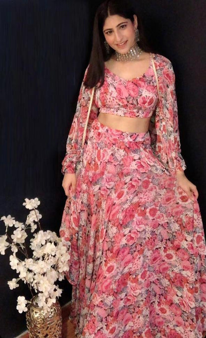 Pink georgette flower printed traditional lehenga choli