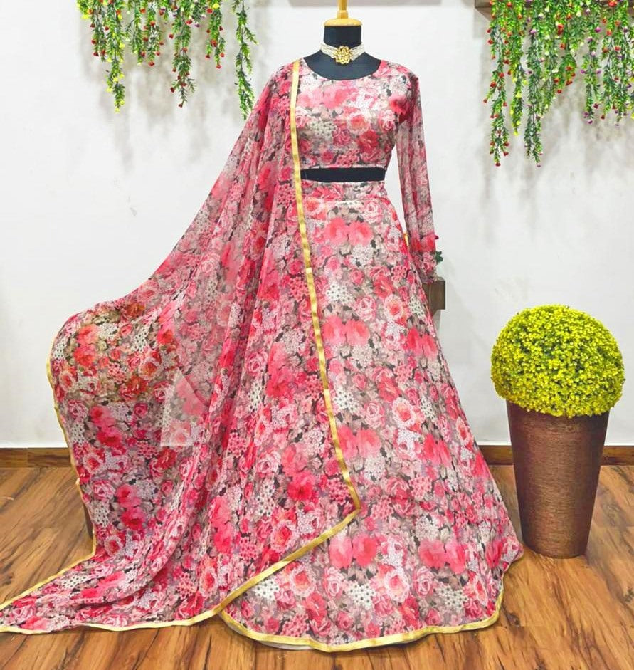 Pink georgette flower printed traditional lehenga choli