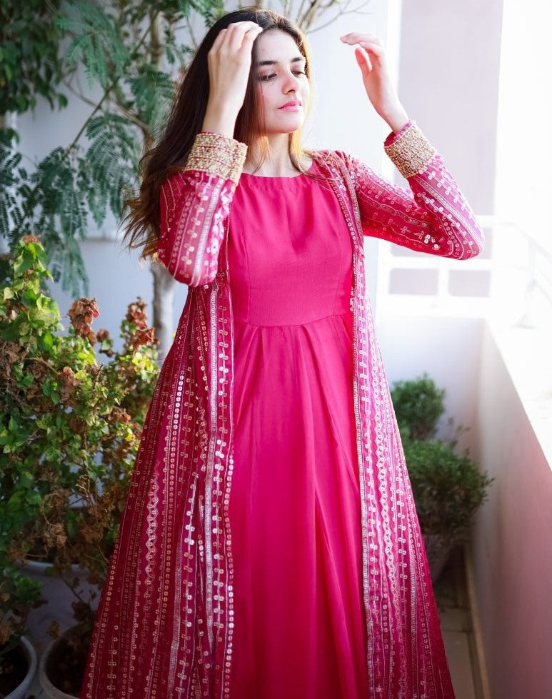 Pink georgette gown with heavy embroidery work koti shrug