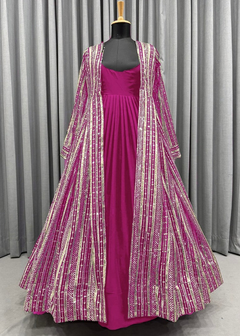 Pink georgette gown with heavy embroidery work koti shrug