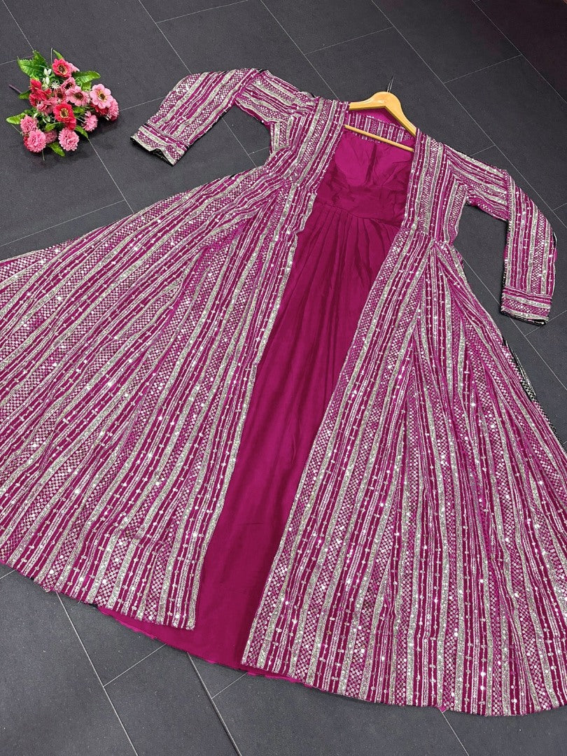 Pink georgette gown with heavy embroidery work koti shrug