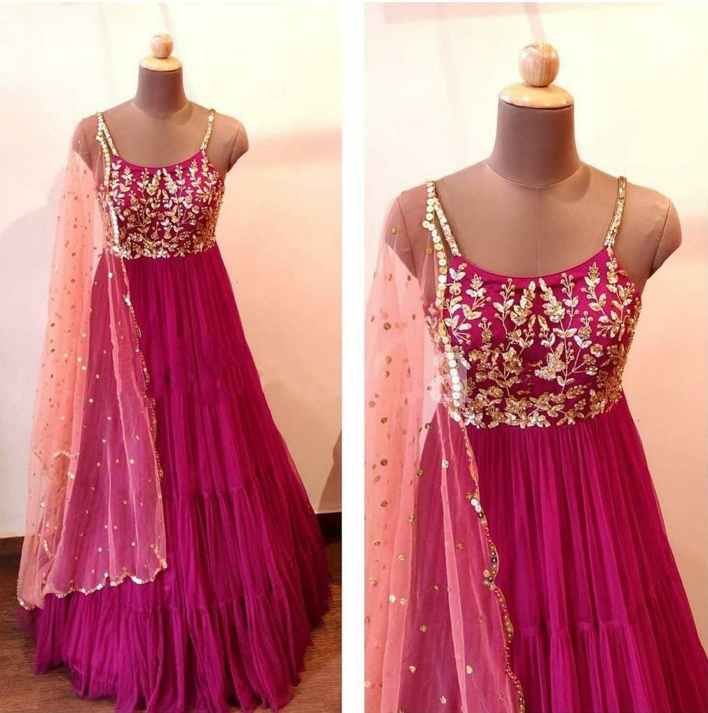 Pink georgette heavy embroidered gown