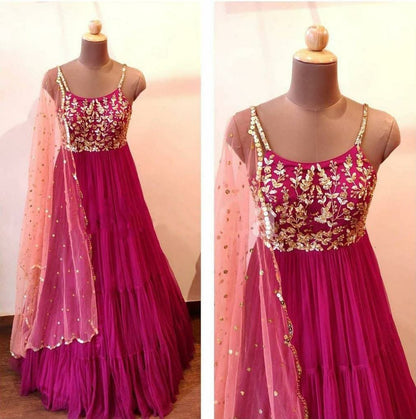 Pink georgette heavy embroidered gown