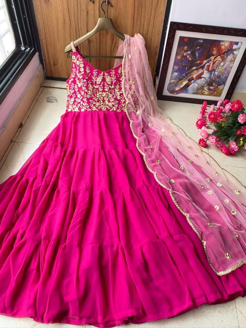Pink georgette heavy embroidered gown