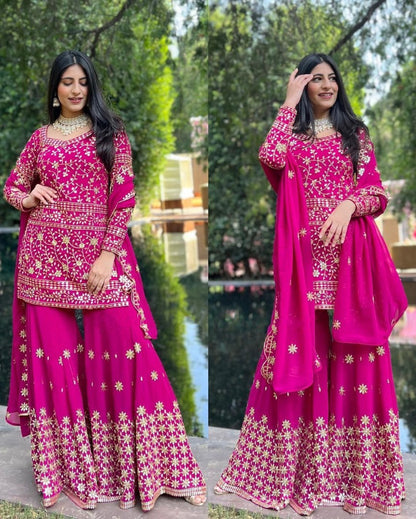Pink georgette heavy embroidery work sharara suit