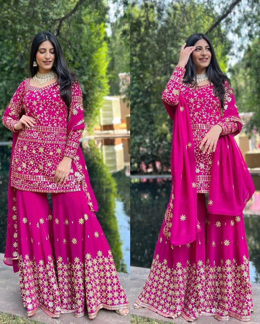 Pink georgette heavy embroidery work sharara suit