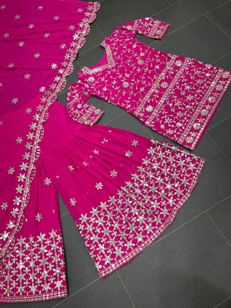 Pink georgette heavy embroidery work sharara suit