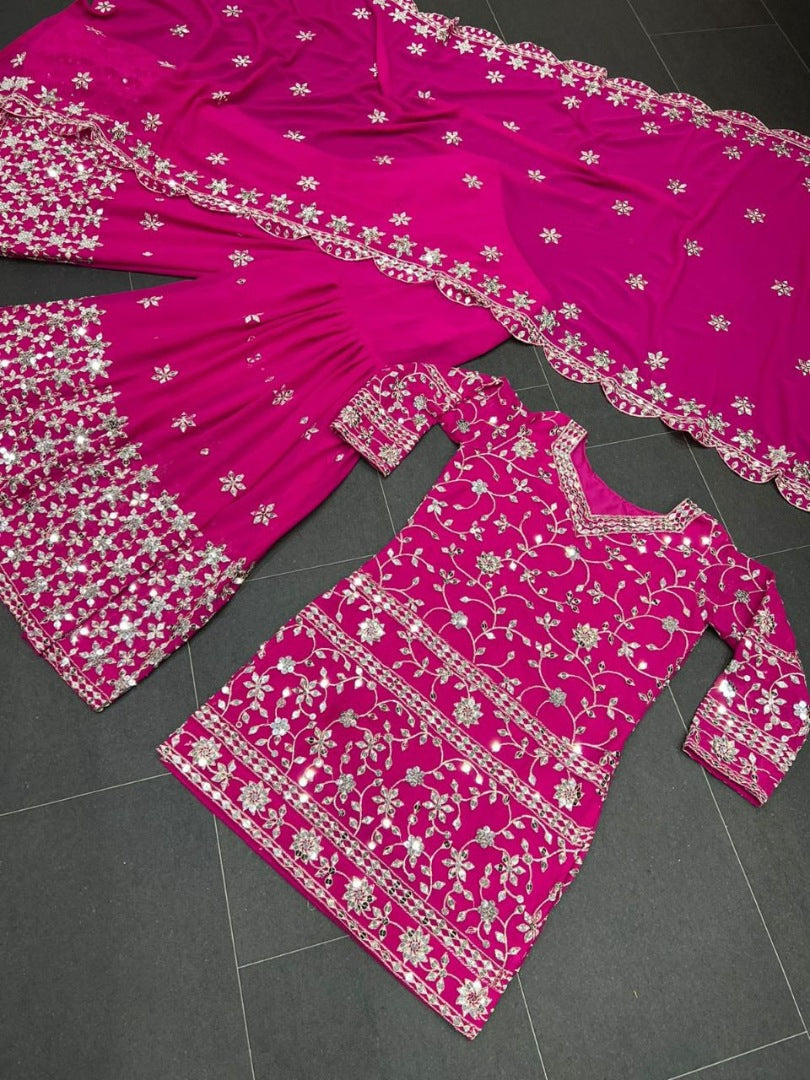 Pink georgette heavy embroidery work sharara suit