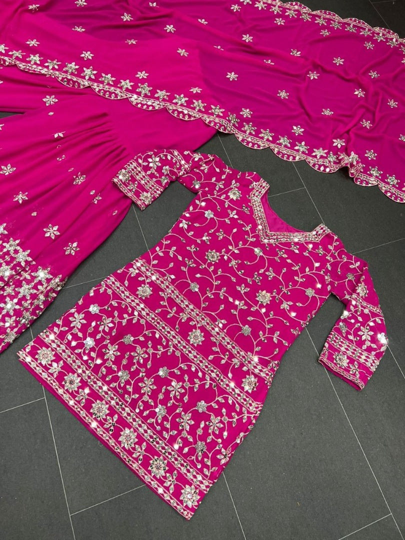 Pink georgette heavy embroidery work sharara suit