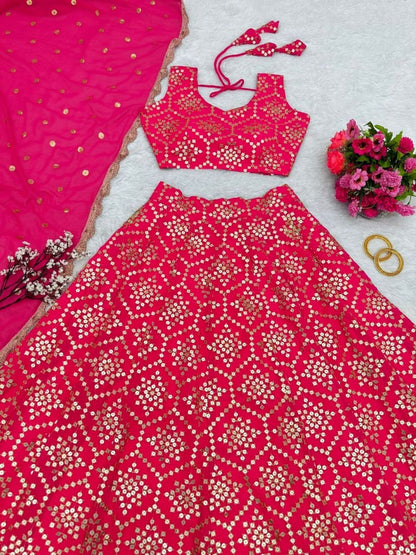 Pink georgette heavy sequence work wedding lehenga choli