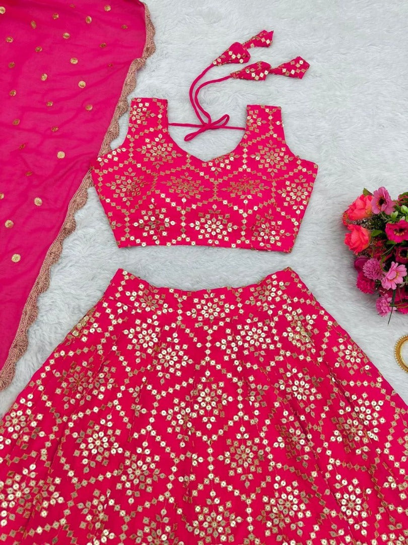 Pink georgette heavy sequence work wedding lehenga choli
