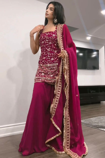 Pink georgette heavy work designer plazzo suit