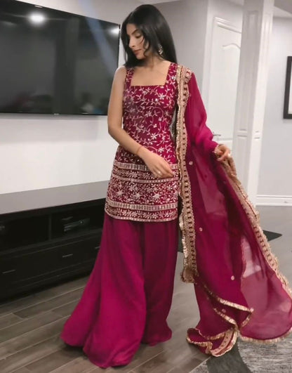 Pink georgette heavy work designer plazzo suit
