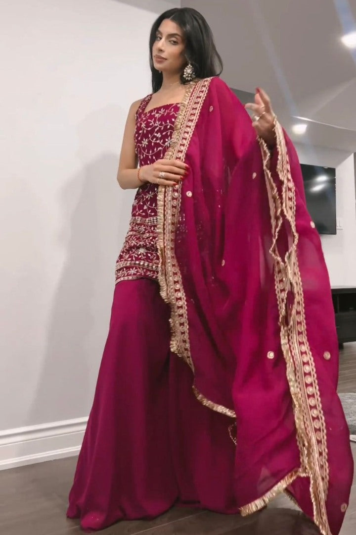 Pink georgette heavy work designer plazzo suit